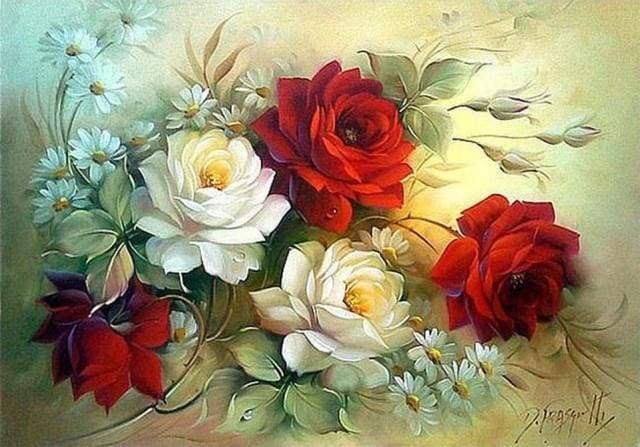 Diamond Painting, Blumenschmuck rot und weiß