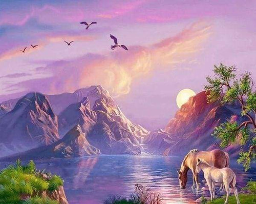 Diamond Painting, Pferde am See