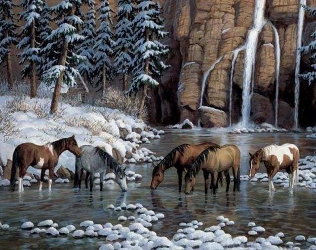 Diamond Painting, Pferde im Fluss