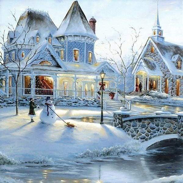 Diamond Painting, Haus und Schneemann