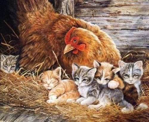 Diamond Painting, Kätzchen und Huhn