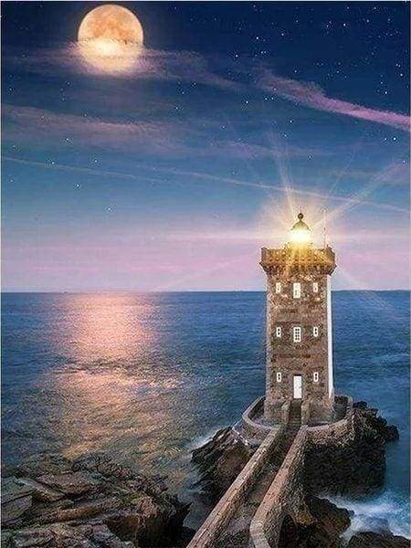 Diamond Painting, Leuchtturm bei Nacht