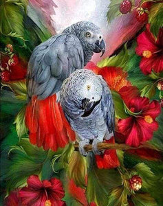 Diamond Painting, Rote und graue Papageien