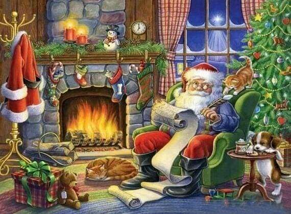 Diamond Painting, Weihnachtsmann neben dem Kamin