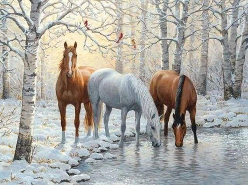 Diamond Painting, Drei Pferde im verschneiten Wald