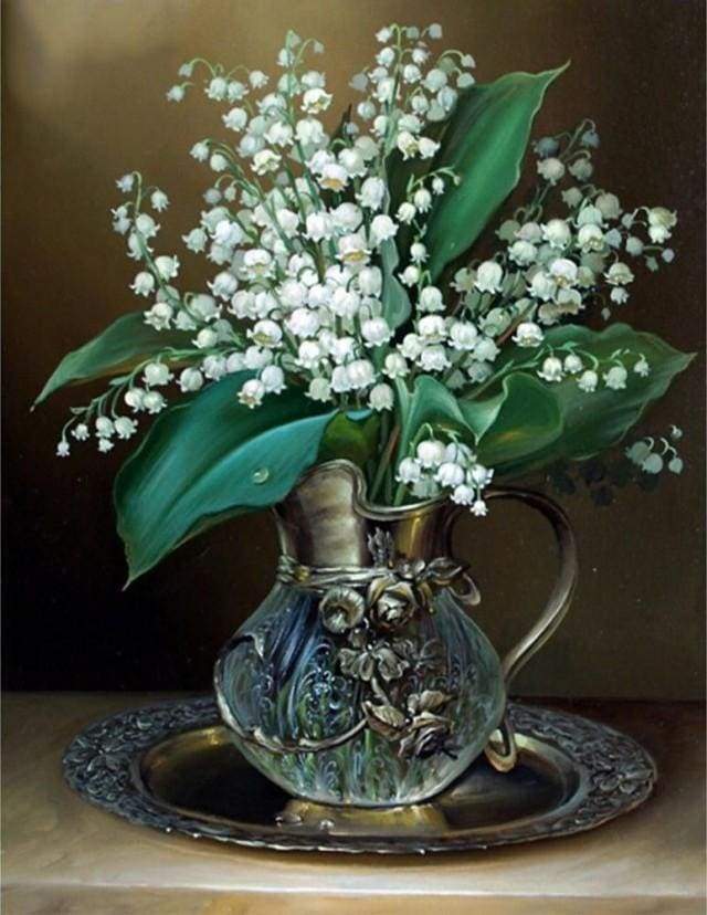 Diamond Painting, Vase mit Maiglöckchen