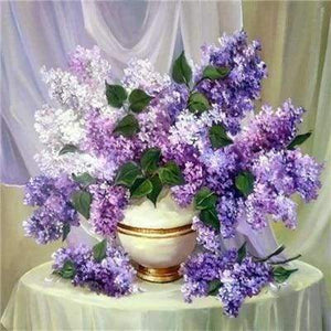 Diamond Painting, Vase mit lila Blumen