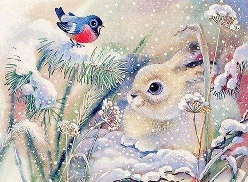 Diamond Painting, Weiße Kaninchen im Schnee