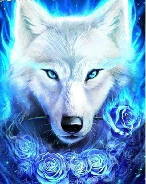 Diamond Painting, Wolf und blaue Rosen