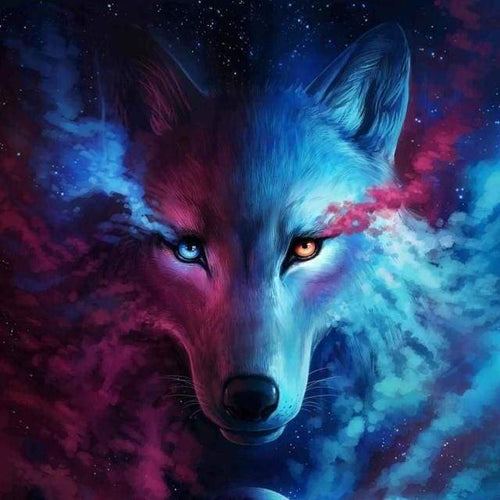 Diamond Painting, Wolf in blau und lila