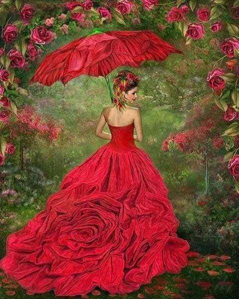Diamond Painting, Frau im roten Kleid