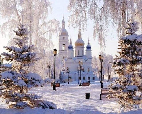 Malen nach Zahlen fŸr Erwachsene |ÊKirche und schneebedeckte Straße | Figured'Art