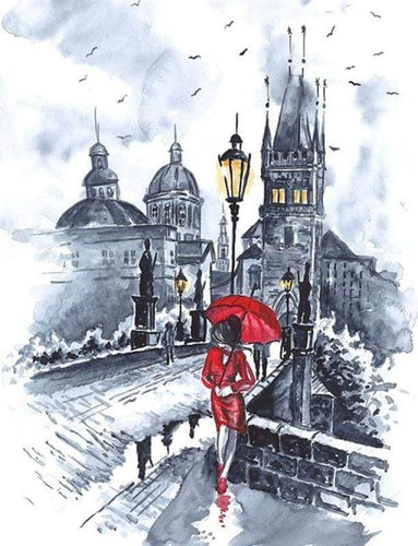 Malen nach Zahlen fŸr Erwachsene |ÊFrau in rot mit Regenschirm | Figured'Art