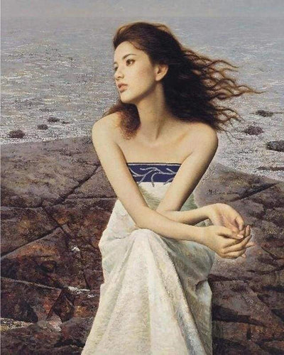 Malen nach Zahlen fŸr Erwachsene |ÊFrau auf Felsen am Strand | Figured'Art