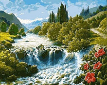 Laden Sie das Bild in den Galerie-Viewer, Malen nach Zahlen fŸr Erwachsene |ÊRote Blumen am Wasserfall | Figured&#39;Art