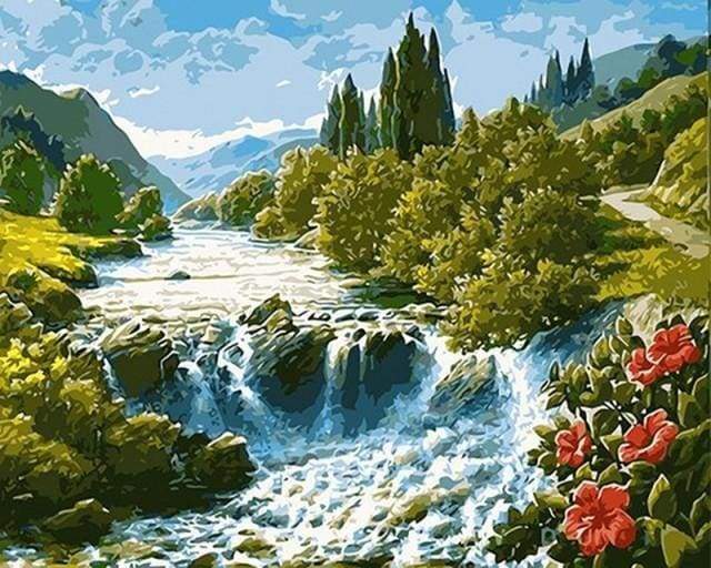 Malen nach Zahlen fŸr Erwachsene |ÊRote Blumen am Wasserfall | Figured'Art