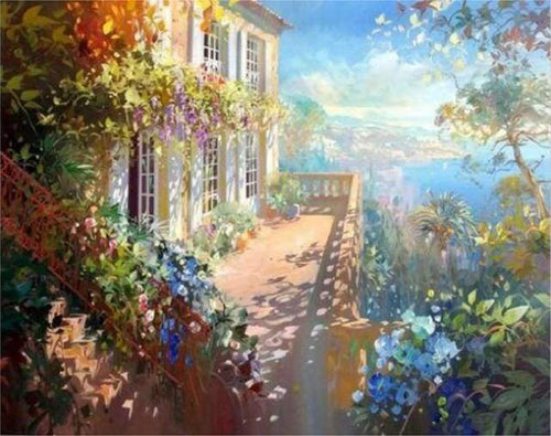 Malen nach Zahlen fŸr Erwachsene |ÊHaus mit Blumen unter der Sonne | Figured'Art