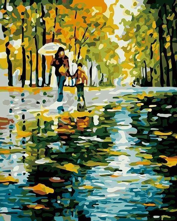 Malen nach Zahlen fŸr Erwachsene |ÊMutter und Sohn im Regen | Figured'Art