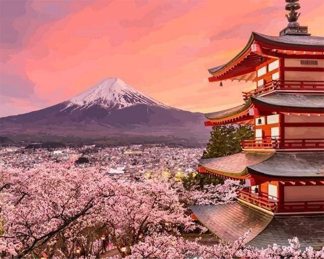Malen nach Zahlen fŸr Erwachsene |ÊMount Fuji und Kirschblüten im Frühjahr | Figured'Art