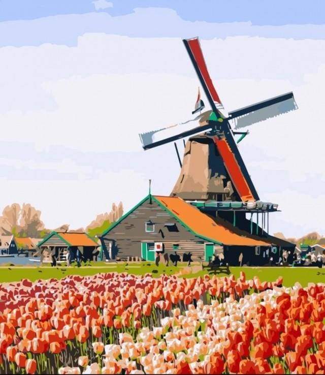 Malen nach Zahlen fŸr Erwachsene |ÊWindmühle und Tulpen | Figured'Art