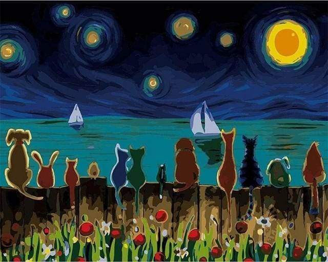 Malen nach Zahlen fŸr Erwachsene |ÊSternennacht und Tiere von hinten | Figured'Art