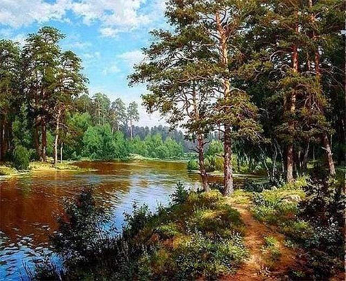 Malen nach Zahlen fŸr Erwachsene |ÊWaldlandschaft und Teich | Figured'Art