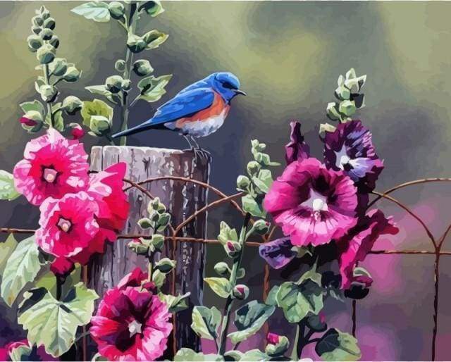 Malen nach Zahlen fŸr Erwachsene |ÊKleiner Vogel und rosarote Blumen | Figured'Art