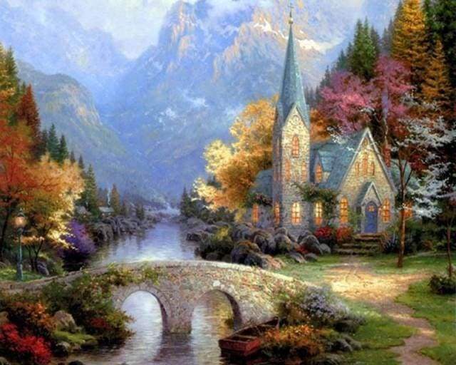 Malen nach Zahlen fŸr Erwachsene |ÊKleine Kirche in der Nähe des Flusses | Figured'Art
