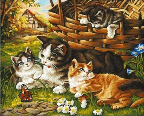 Malen nach Zahlen fŸr Erwachsene |ÊVier Katzen und ein Schmetterling | Figured'Art
