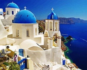 Malen nach Zahlen fŸr Erwachsene |ÊSantorini blau und weiß | Figured'Art