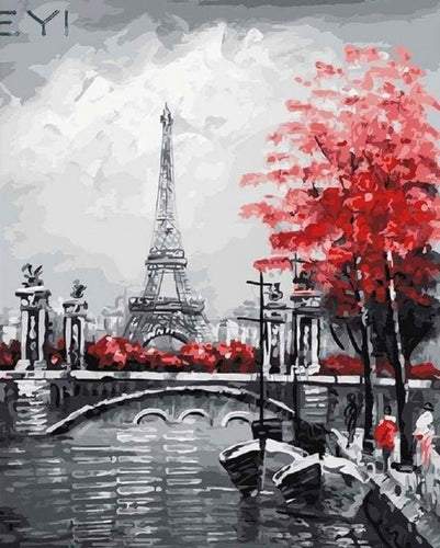 Malen nach Zahlen fŸr Erwachsene |ÊEiffelturm und rote Bäume | Figured'Art
