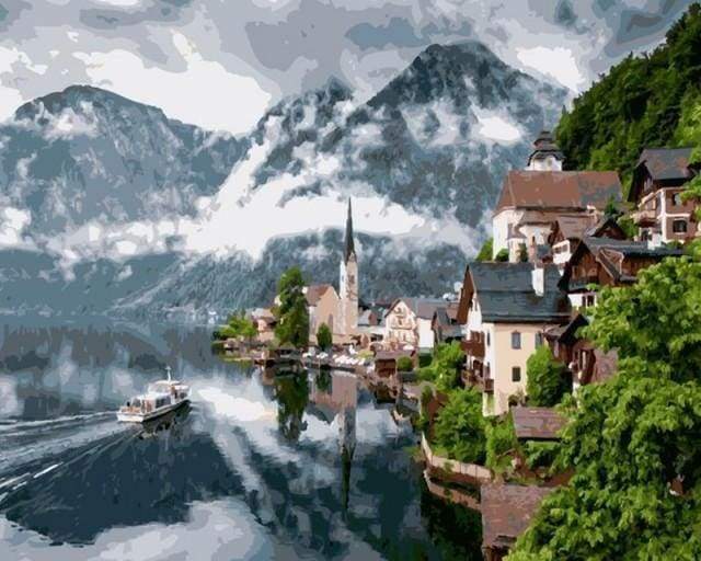 Malen nach Zahlen fŸr Erwachsene |ÊDorf und Bergsee | Figured'Art