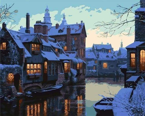 Malen nach Zahlen fŸr Erwachsene |ÊStadt der Nacht im Schnee | Figured'Art