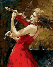 Laden Sie das Bild in den Galerie-Viewer, Malen nach Zahlen fŸr Erwachsene |ÊViolinistin im roten Kleid | Figured&#39;Art