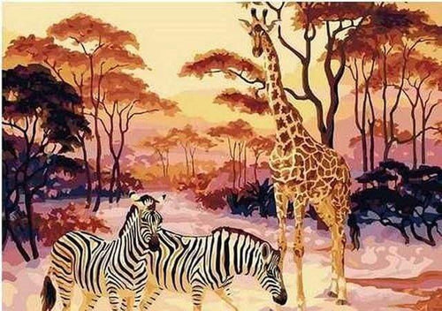 Malen nach Zahlen fŸr Erwachsene |ÊZebra und Giraffe bei Sonnenuntergang | Figured'Art